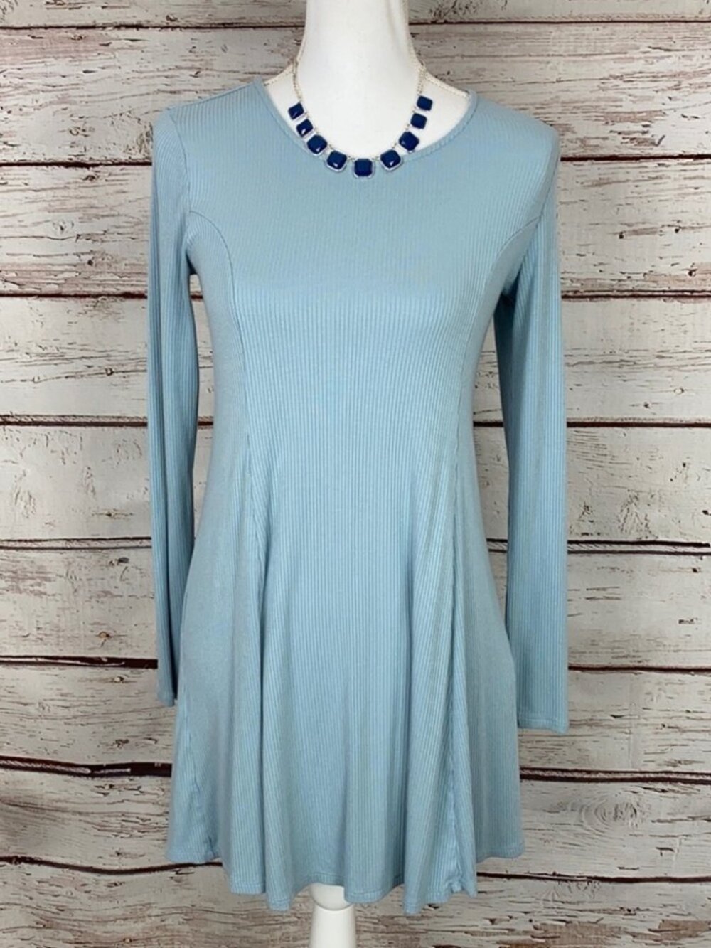 Dusty Blue Ribbed Long Sleeve Swing Mini Dress